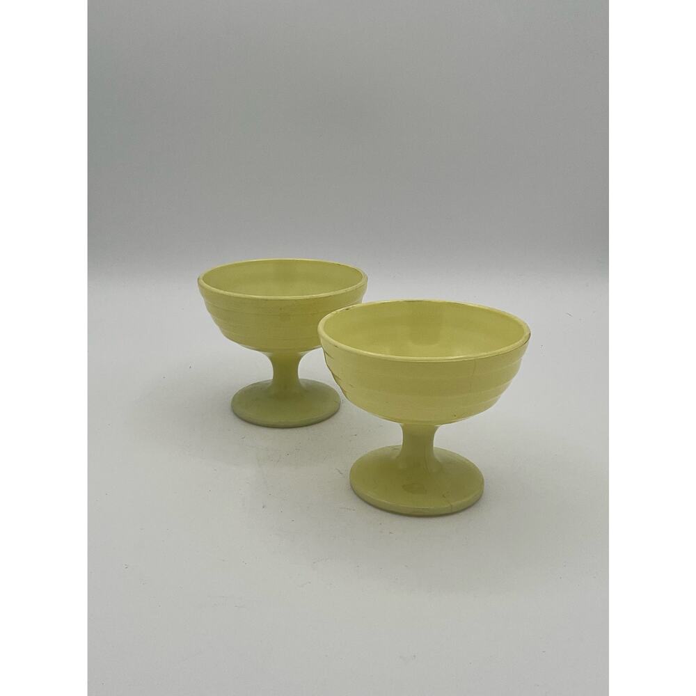 Set of 2 Hazel Atlas Moderntone Pastel Yellow Stemmed Sherbet Custard Cups 1950s